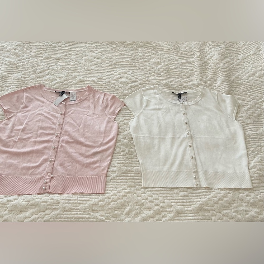 White House Black Market Pink and White Button-Down Tops Pair
